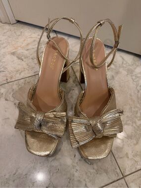 BAMBOO Metallic Gold Bow Ankle-Strap Heels